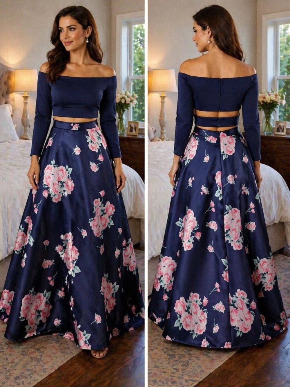 2 Cute Brand Navy Floral Two Piece Formal Gown $469